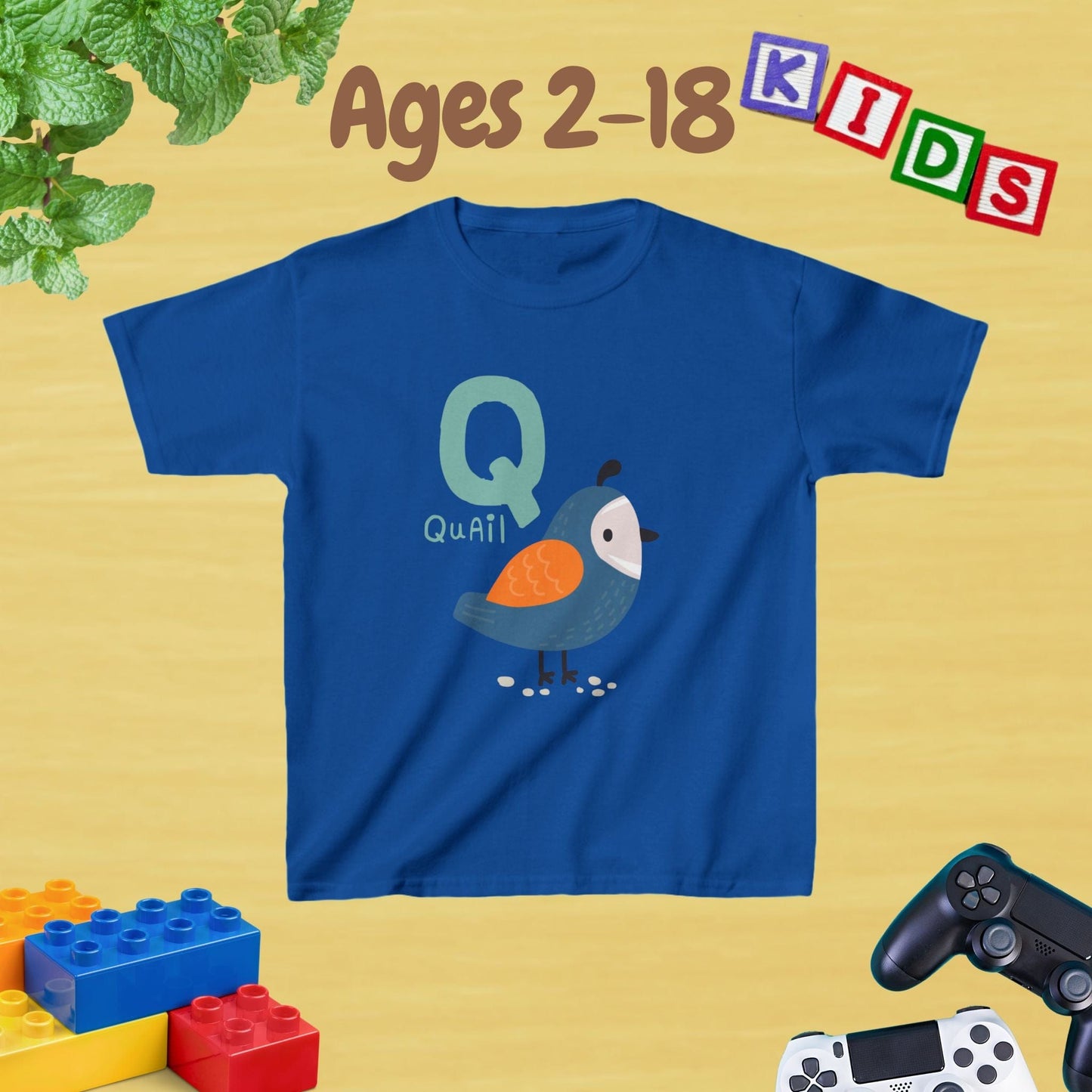 Animal Alphabet - Q for Quail Unisex Kids Tee - Fun Educational Graphic Tee for Kids Age 2-18