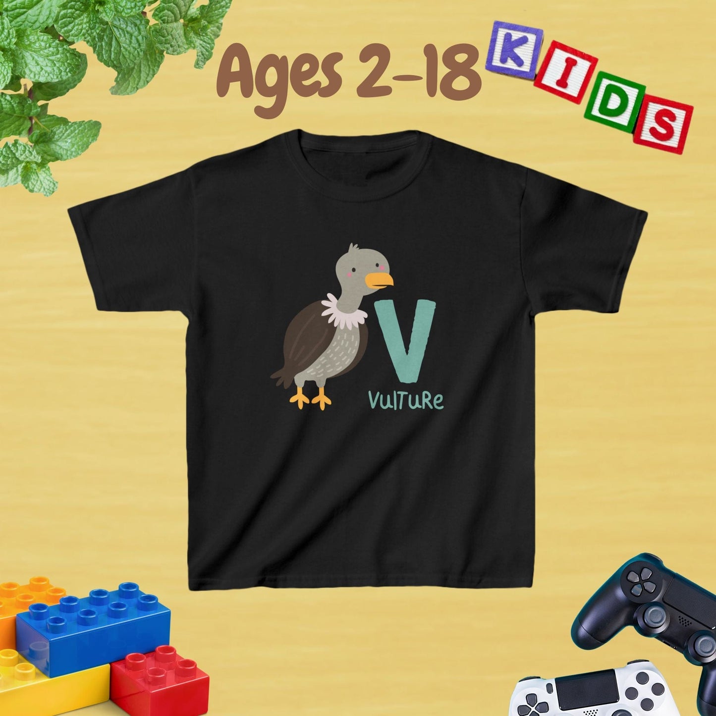 Animal Alphabet - V for Vulture Unisex Kids Tee - Fun Educational Graphic Tee for Kids Age 2-18