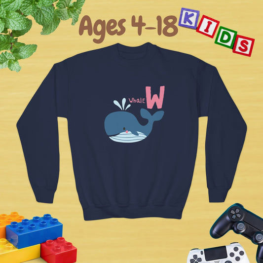 Animal Alphabet W for Whale Ages 4-18 Unisex Kids and Teens Sweatshirt - Cozy Fall and Winter Youth Sweatshirt