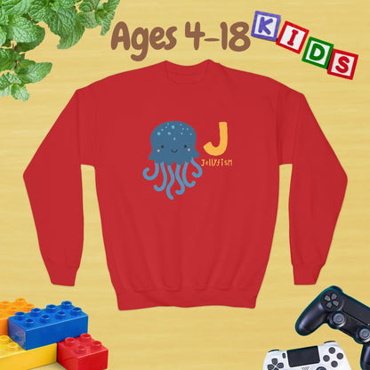 Animal Alphabet - J for Jellyfish Ages 4-18 Unisex Kids and Teens Sweatshirt - Cozy Fall and Winter Youth Sweatshirt