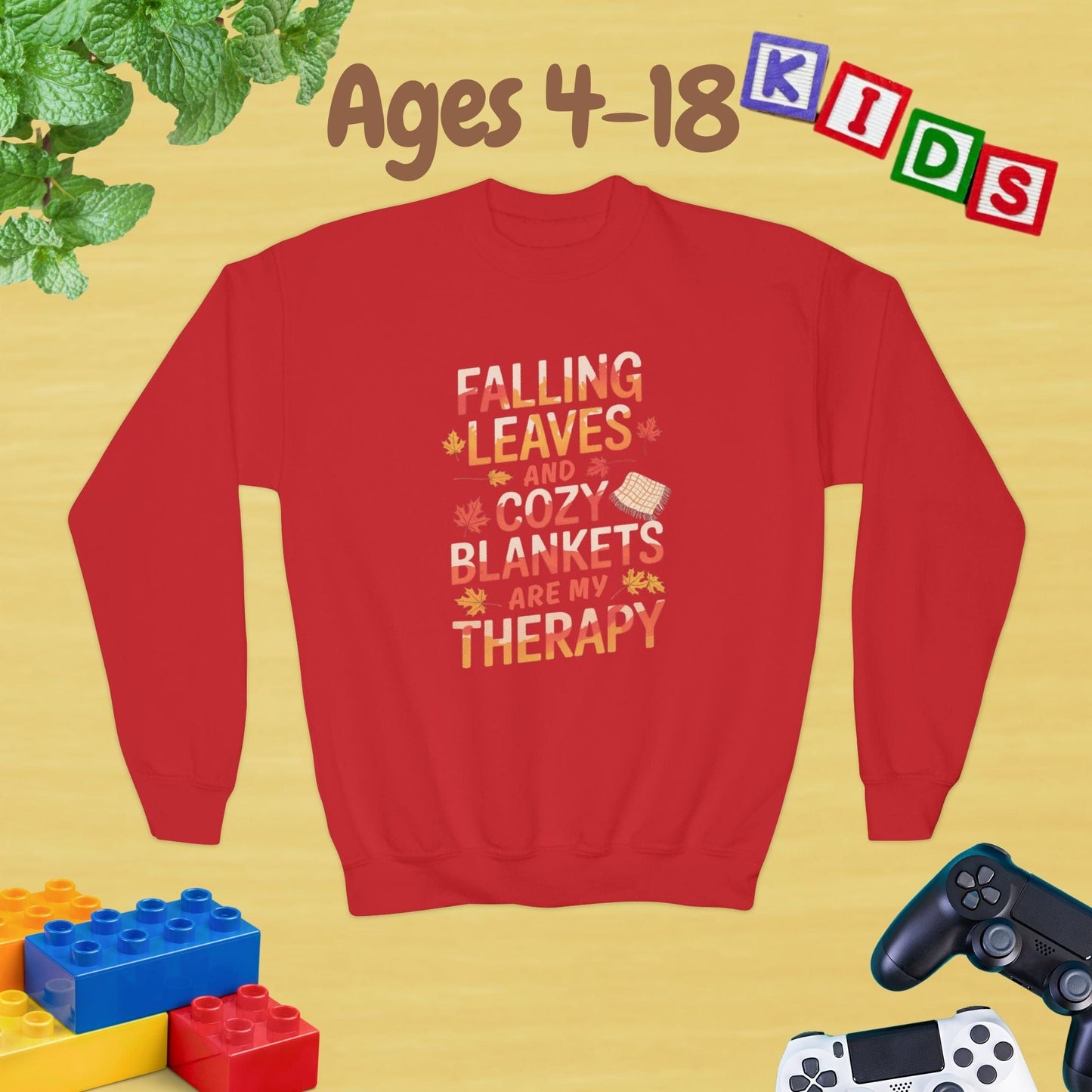 Falling Leaves & Cozy Blankets are My Therapy Comfort Ages 4-18 Unisex Kids and Teens Sweatshirt - Cozy Fall and Winter Youth Sweatshirt