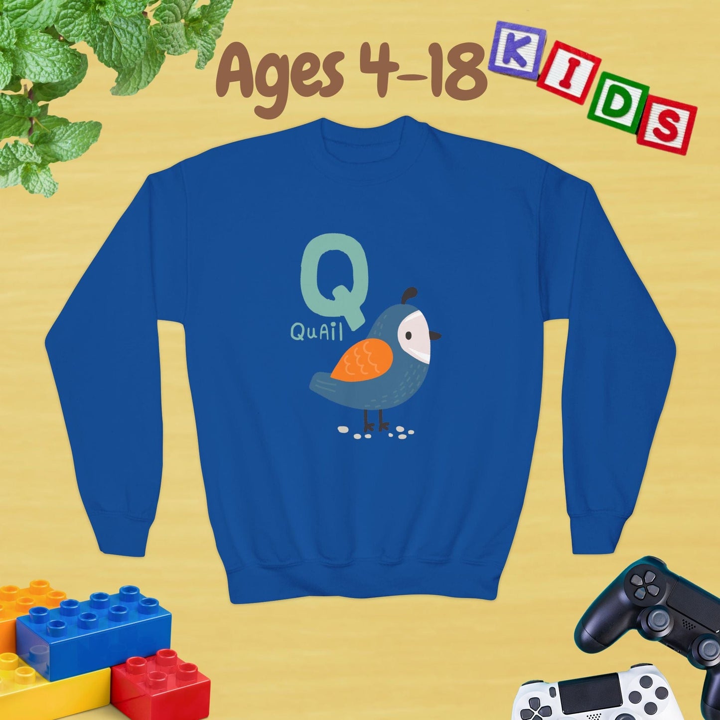 Animal Alphabet Q for Quail Ages 4-18 Unisex Kids and Teens Sweatshirt - Cozy Fall and Winter Youth Sweatshirt