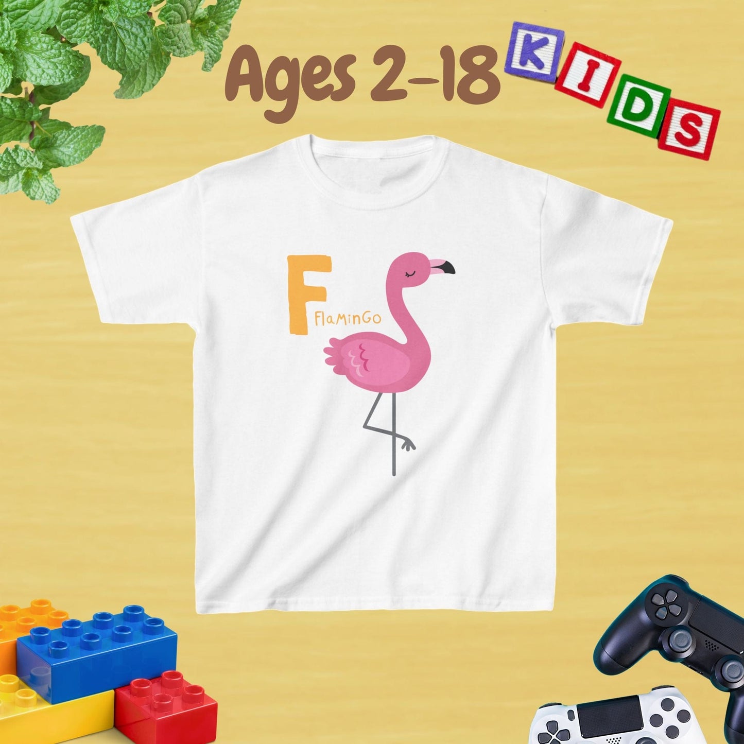 Animal Alphabet - F for Flamingo Unisex Kids Tee - Graphic Alphabet Tee for Kids Age 2-18