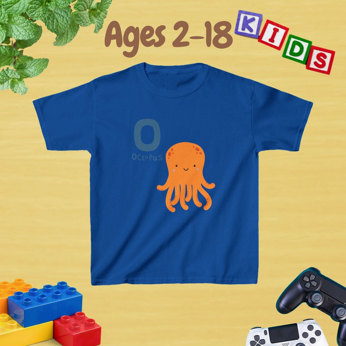 Animal Alphabet - O for Octopus Unisex Kids Tee - Fun Educational Graphic Tee for Age 2-18 Kids