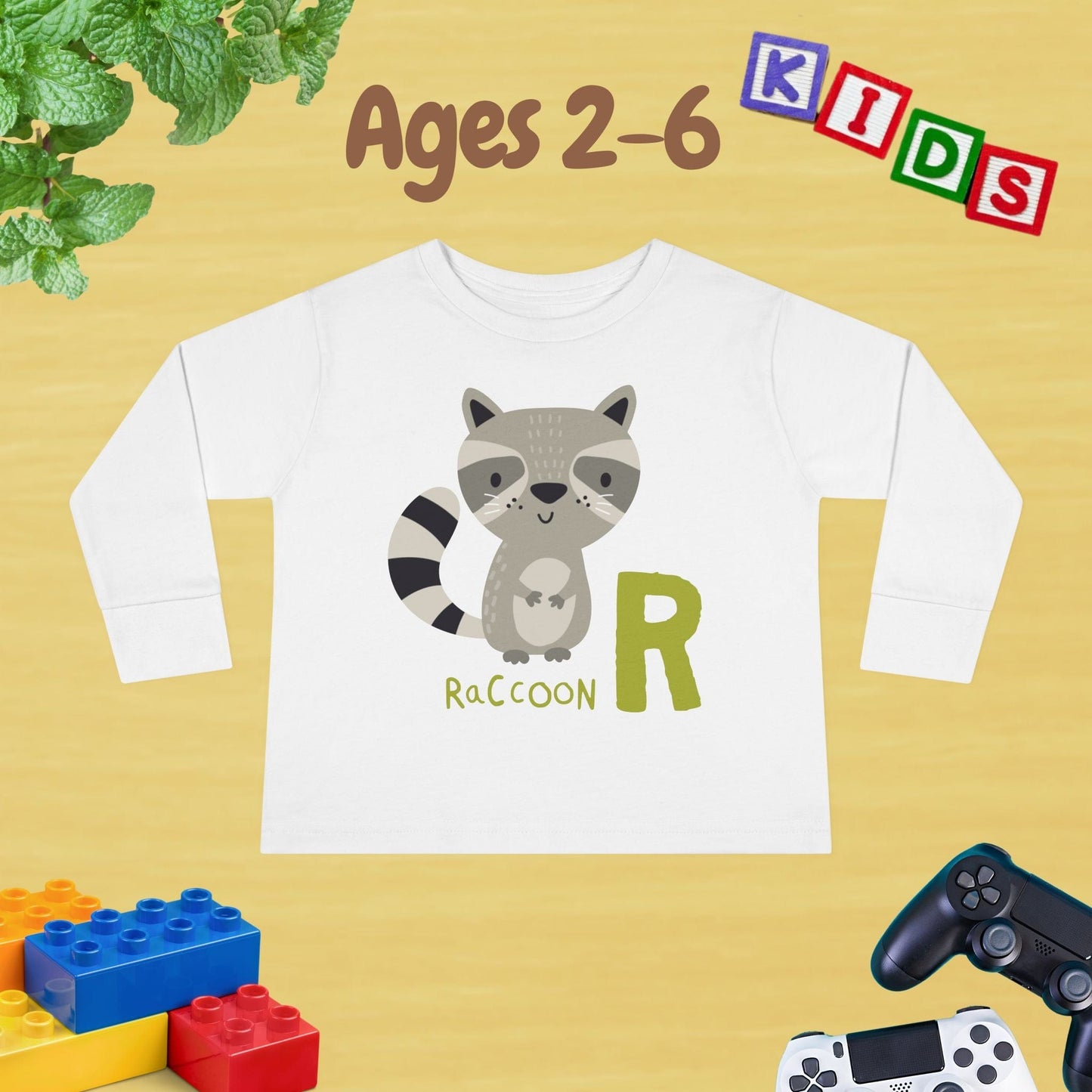 Animal Alphabet R for Raccoon Unisex Kids Sweater Toddler Long Sleeve Tee Ages 2-6 - 100% Cotton Spring and Fall Kids Sweatshirt