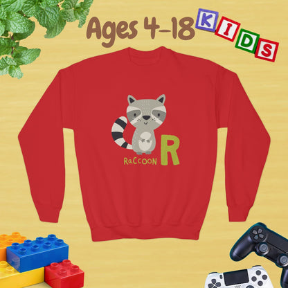 Animal Alphabet R for Raccoon Ages 4-18 Unisex Kids and Teens Sweatshirt - Cozy Fall and Winter Youth Sweatshirt