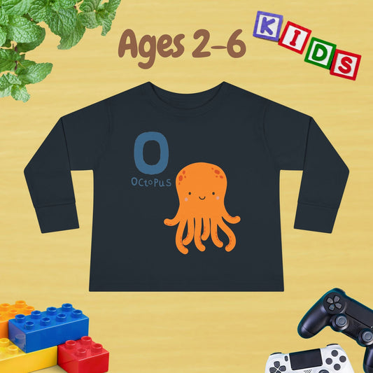 Animal Alphabet O for Octopus Unisex Kids Sweater Toddler Long Sleeve Tee Ages 2-6 - 100% Cotton Spring and Fall Kids Sweatshirt