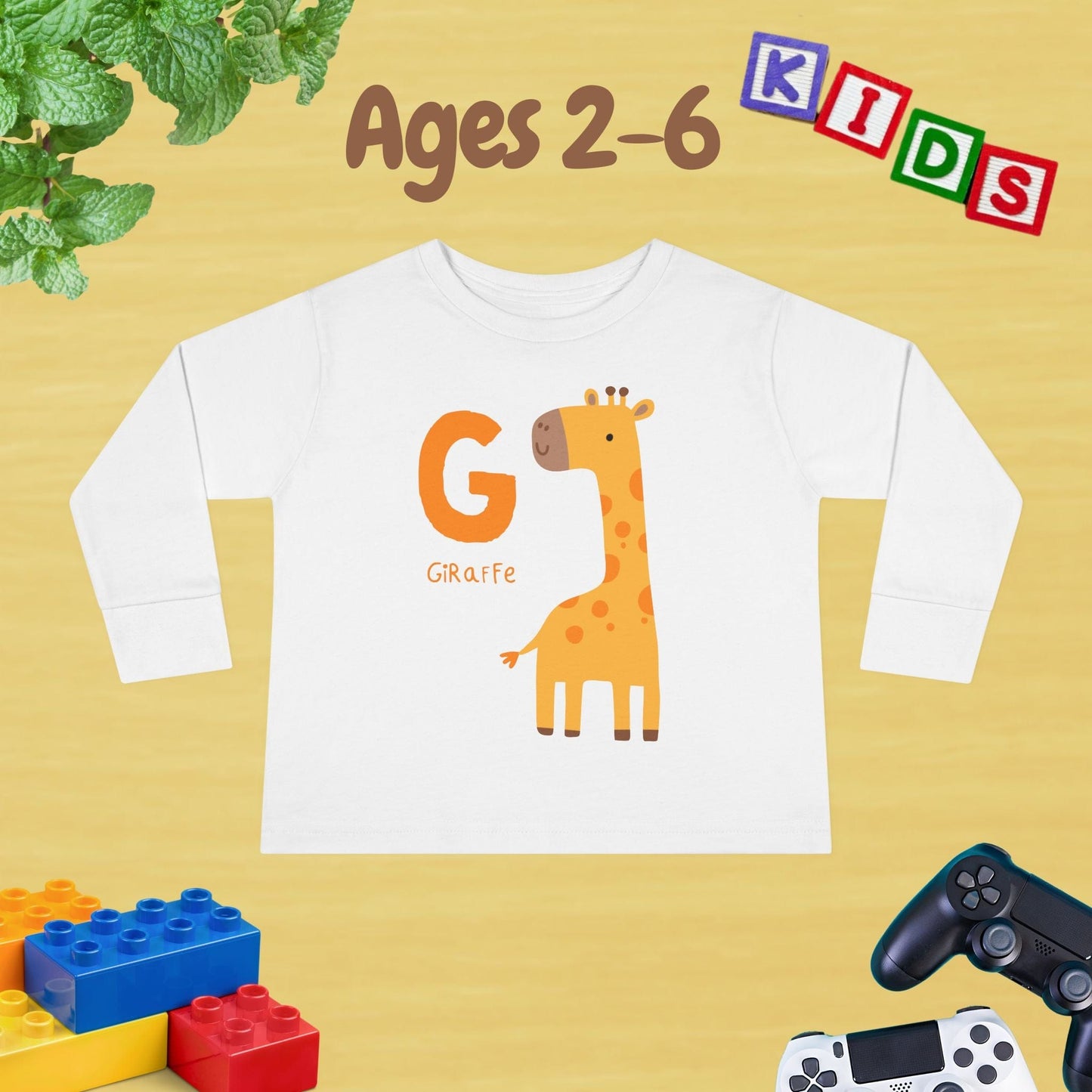 Animal Alphabet G for Giraffe Unisex Kids Sweater Toddler Long Sleeve Tee Ages 2-6 - 100% Cotton Spring and Fall Kids Sweatshirt