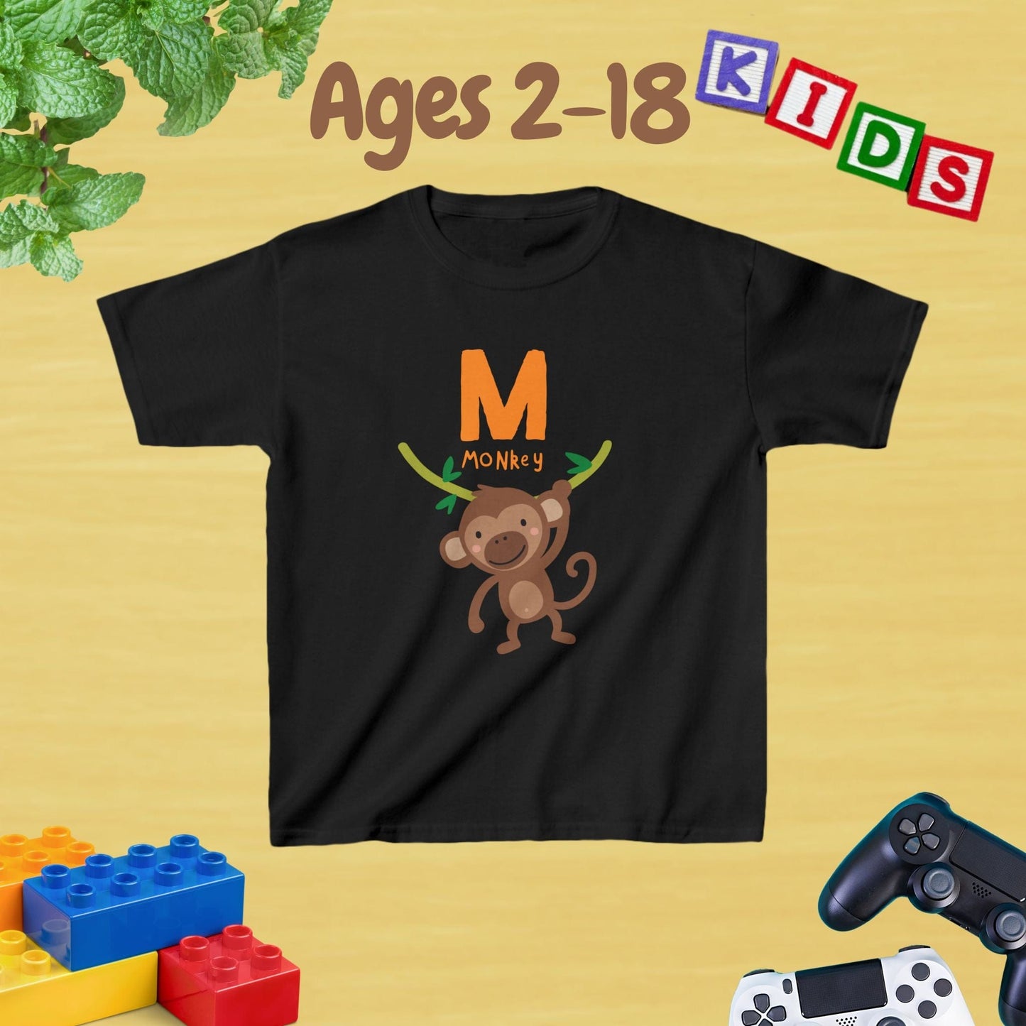 Animal Alphabet - M for Monkey Unisex Kids Tee - Fun Educational Graphic Tee for Kids Age 2-18