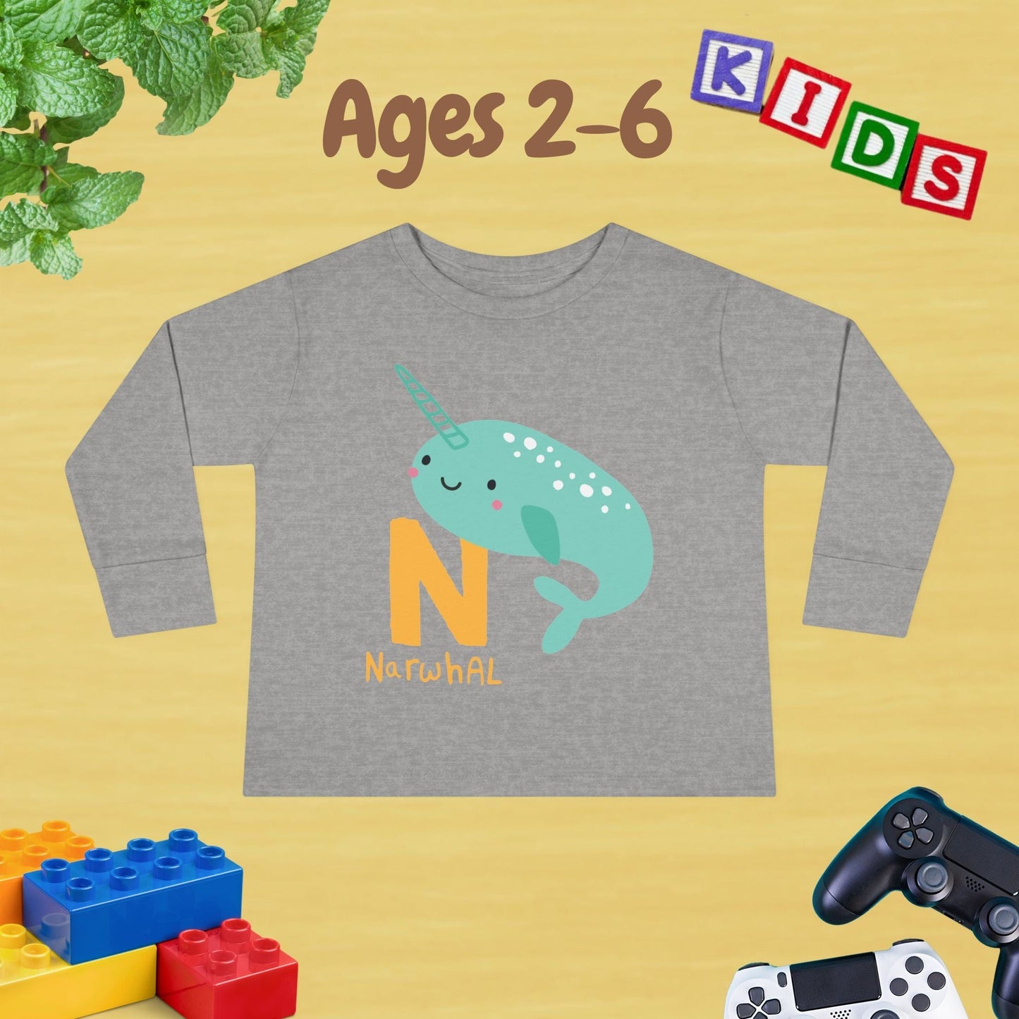 Animal Alphabet N for Narwhal Unisex Kids Sweater Toddler Long Sleeve Tee Ages 2-6 - 100% Cotton Spring and Fall Kids Sweatshirt