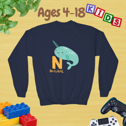 Animal Alphabet N for Narwhal Ages 4-18 Unisex Kids and Teens Sweatshirt - Cozy Fall and Winter Youth Sweatshirt