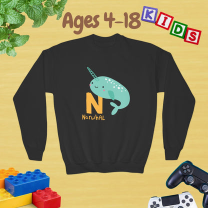 Animal Alphabet N for Narwhal Ages 4-18 Unisex Kids and Teens Sweatshirt - Cozy Fall and Winter Youth Sweatshirt