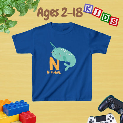 Animal Alphabet - N for Narwhal Unisex Kids Tee - Fun Educational Graphic Tee for Kids