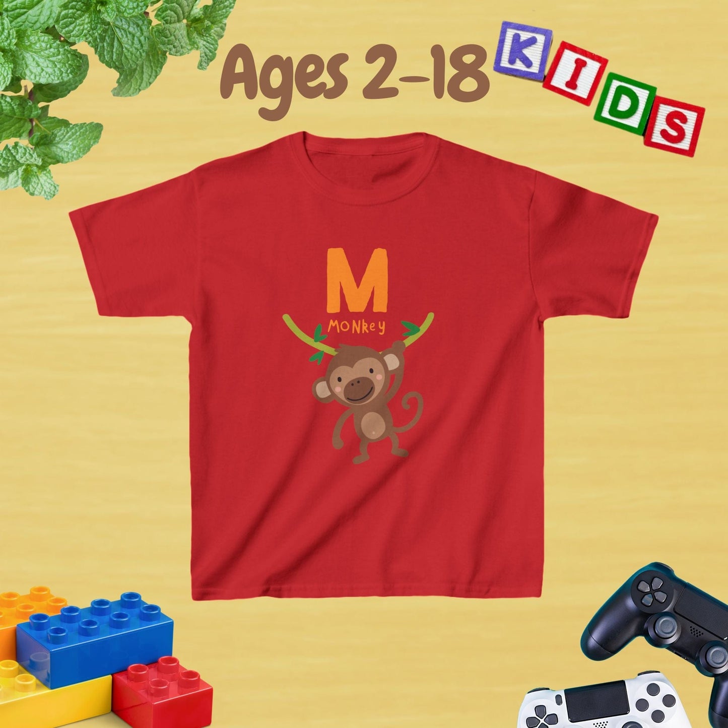 Animal Alphabet - M for Monkey Unisex Kids Tee - Fun Educational Graphic Tee for Kids Age 2-18