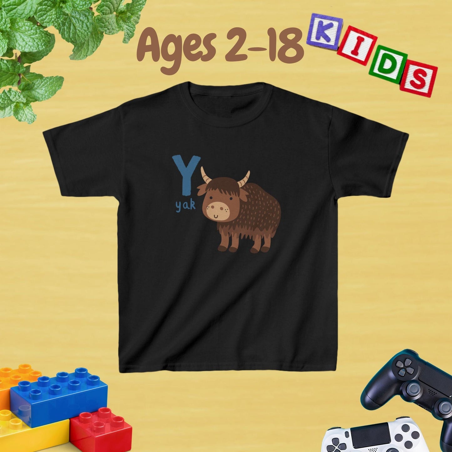 Animal Alphabet - Y for Yak Unisex Kids Tee - Fun Educational Graphic Tee for Kids Age 2-18