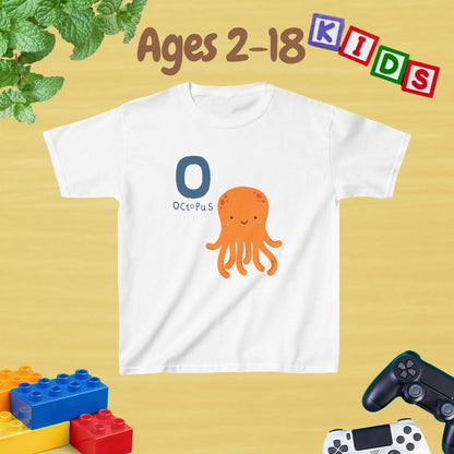 Animal Alphabet - O for Octopus Unisex Kids Tee - Fun Educational Graphic Tee for Age 2-18 Kids