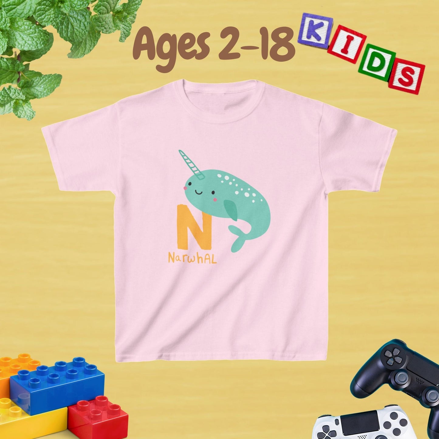 Animal Alphabet - N for Narwhal Unisex Kids Tee - Fun Educational Graphic Tee for Kids