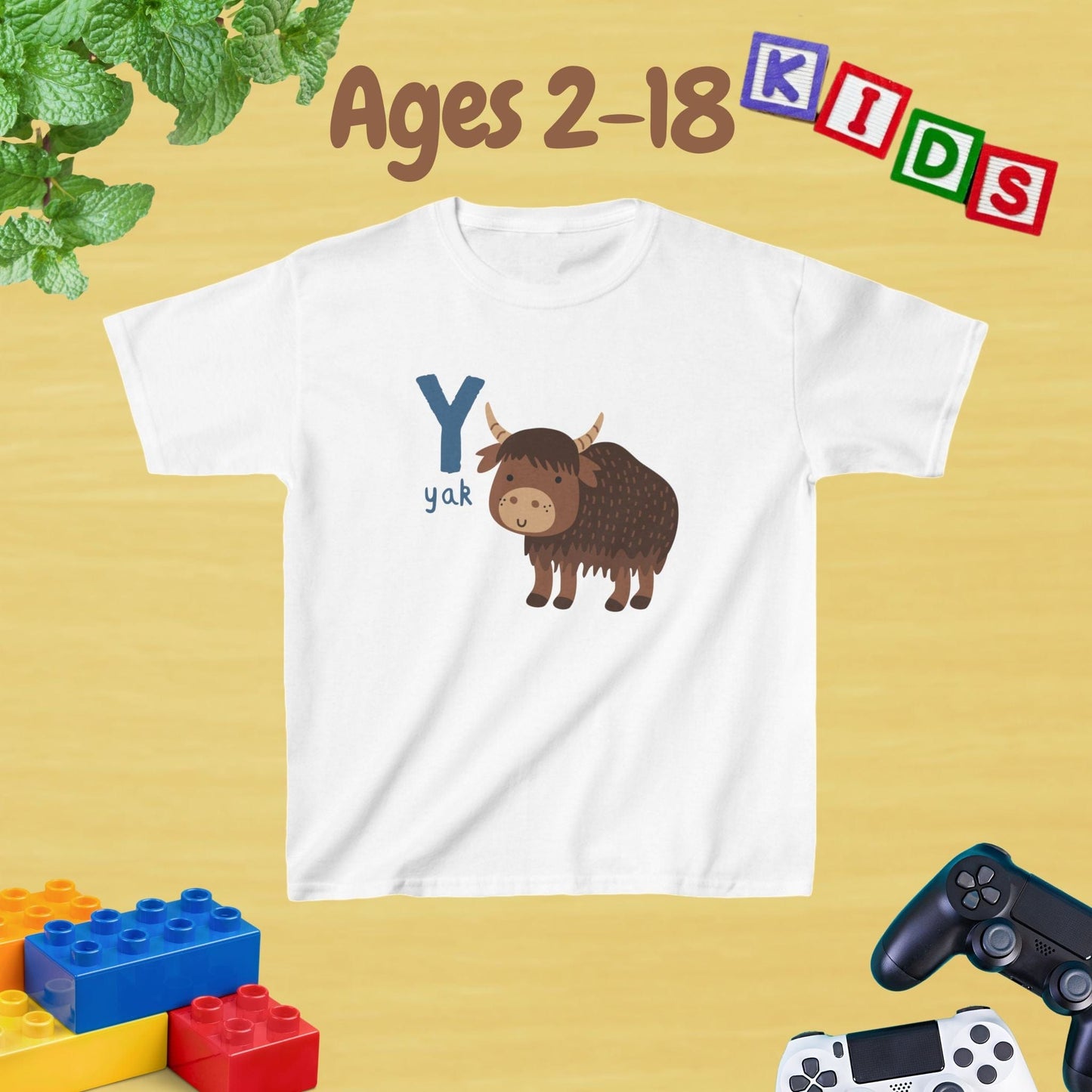 Animal Alphabet - Y for Yak Unisex Kids Tee - Fun Educational Graphic Tee for Kids Age 2-18