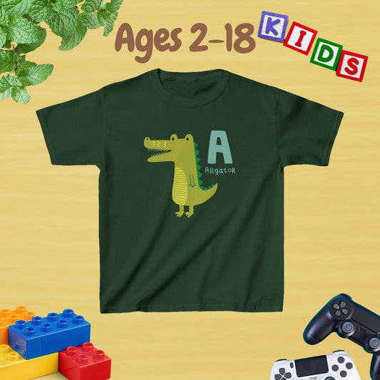 Animal Alphabet - A for Alligator Unisex Kids Tee - Graphic Alphabet Tee for Kids