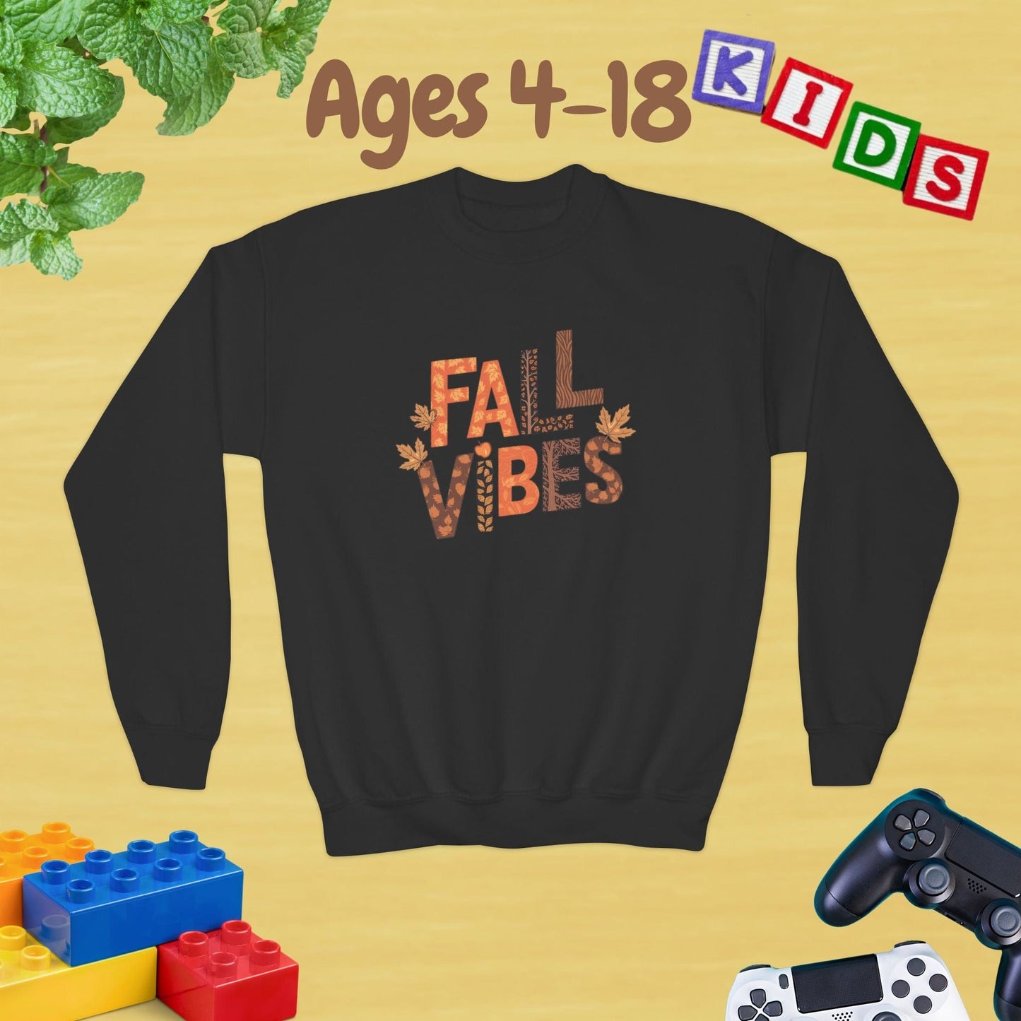 Fall Vibes Thanksgiving Edition Ages 4-18 Unisex Kids and Teens Sweatshirt - Cozy Fall and Winter Youth Sweatshirt