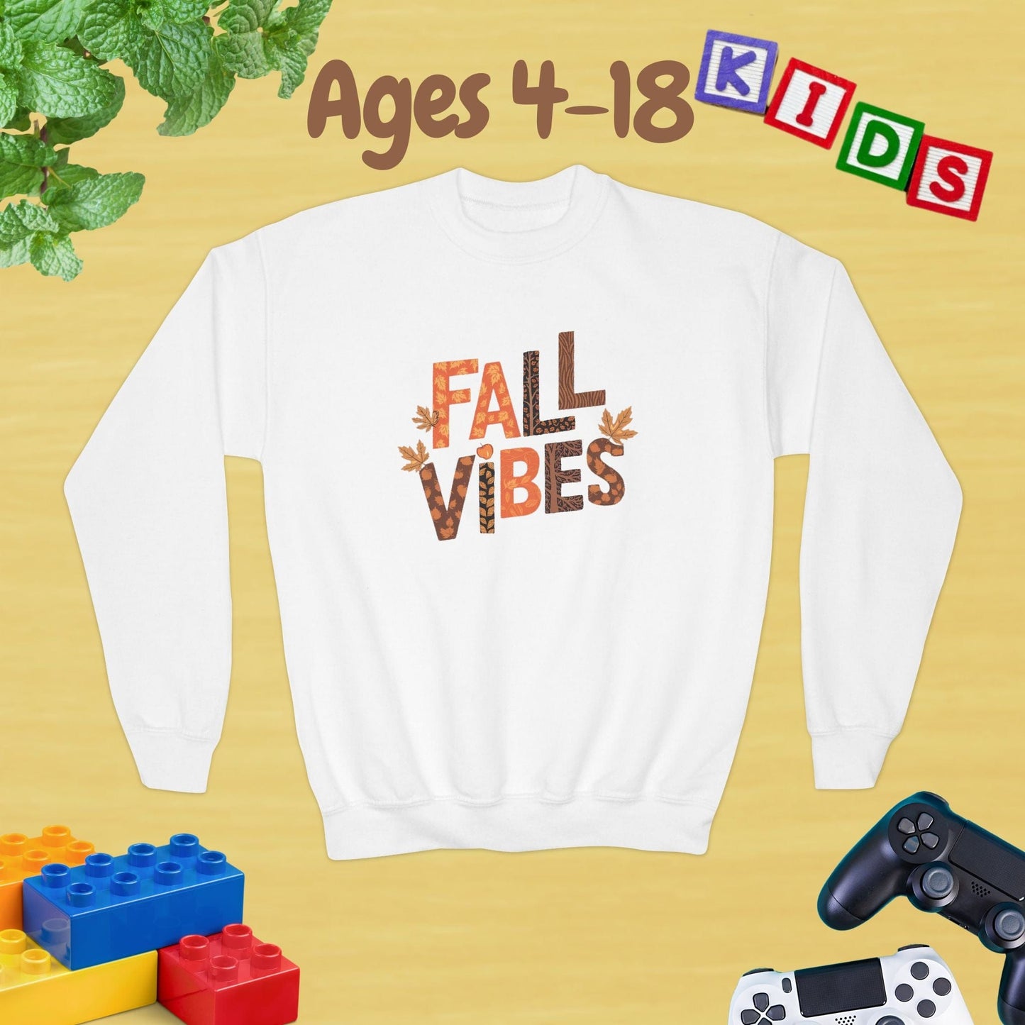 Fall Vibes Thanksgiving Edition Ages 4-18 Unisex Kids and Teens Sweatshirt - Cozy Fall and Winter Youth Sweatshirt