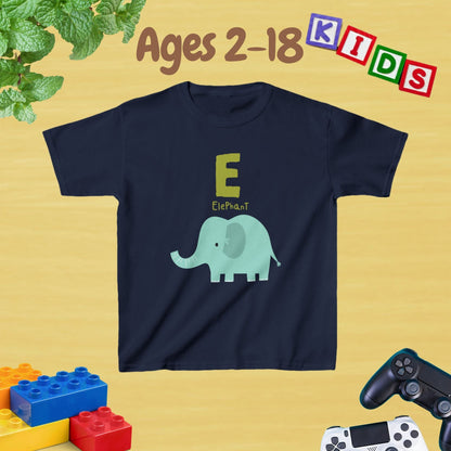 Animal Alphabet - E for Elephant Unisex Kids Tee - Graphic Alphabet Tee for Kids Age 2-18