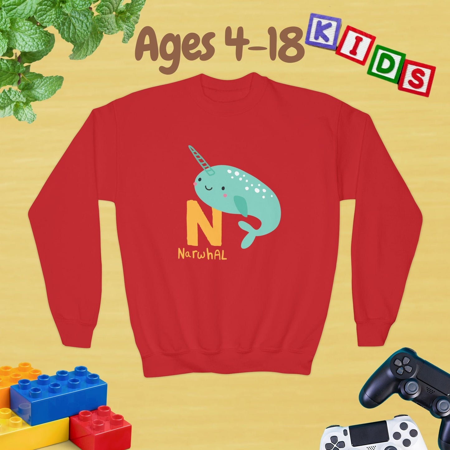 Animal Alphabet N for Narwhal Ages 4-18 Unisex Kids and Teens Sweatshirt - Cozy Fall and Winter Youth Sweatshirt