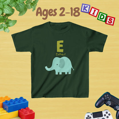 Animal Alphabet - E for Elephant Unisex Kids Tee - Graphic Alphabet Tee for Kids Age 2-18