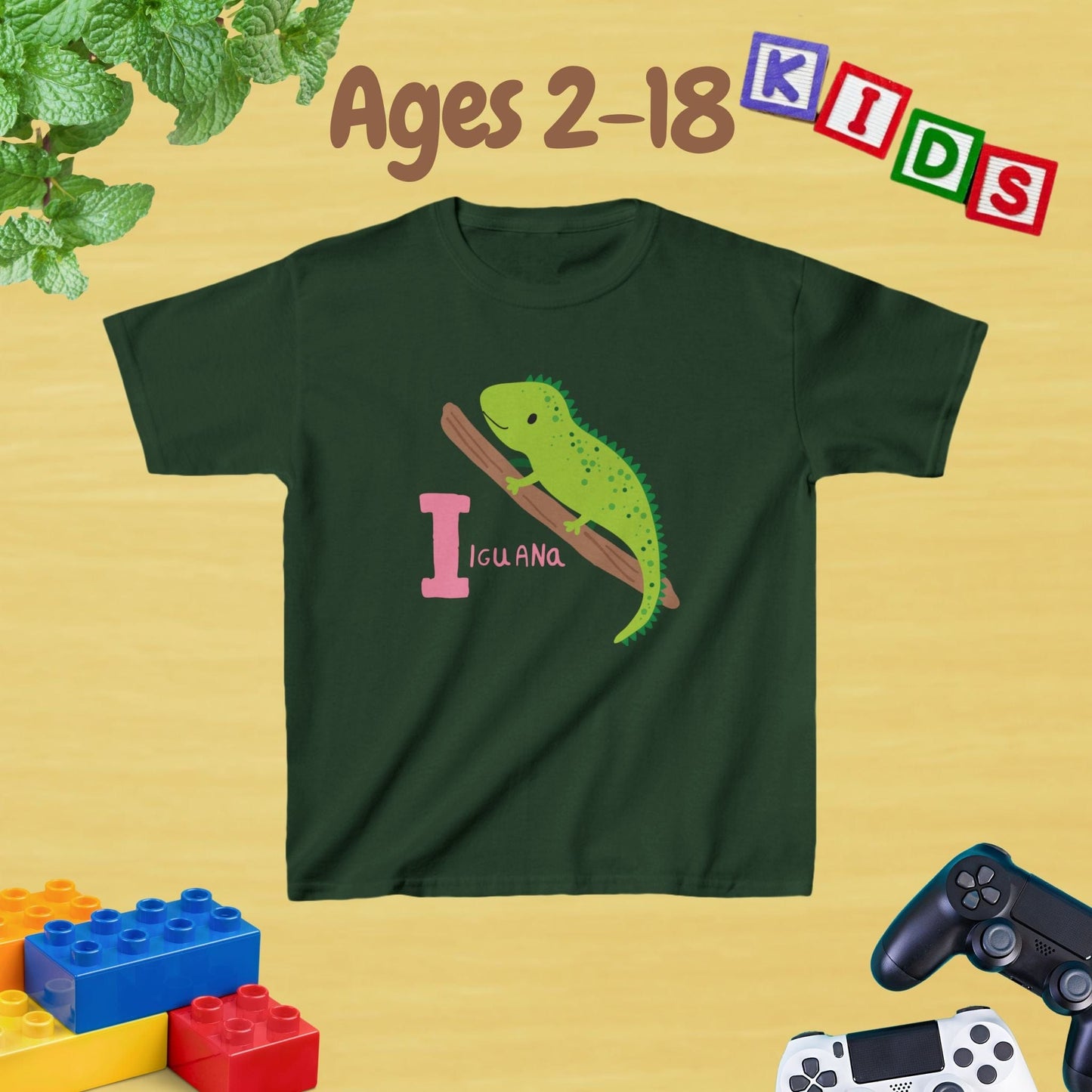 Animal Alphabet - I for Iguana Unisex Kids Tee - Graphic Alphabet Tee for Kids Age 2-18