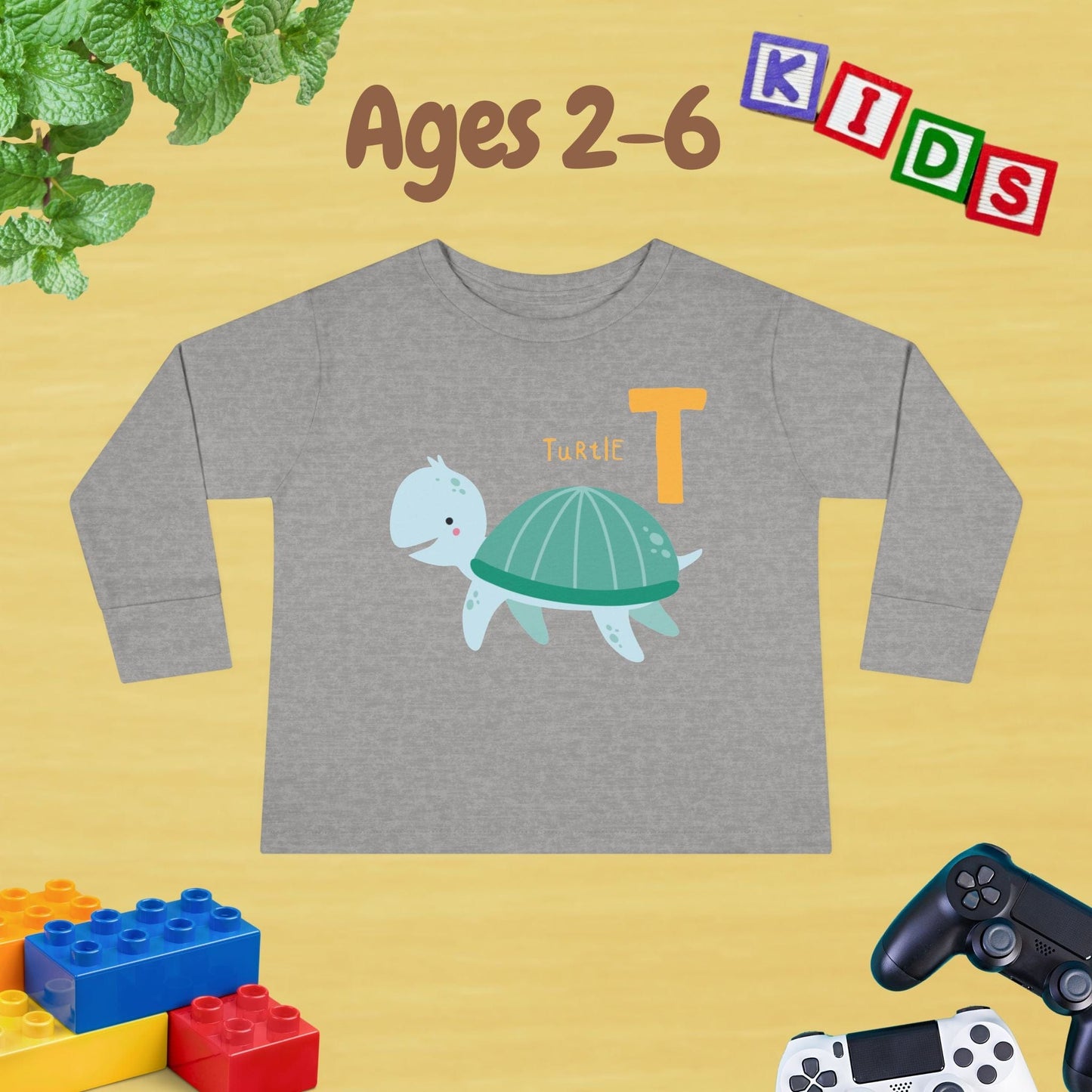 Animal Alphabet T for Turtle Unisex Kids Sweater Toddler Long Sleeve Tee Ages 2-6 - 100% Cotton Spring and Fall Kids Sweatshirt