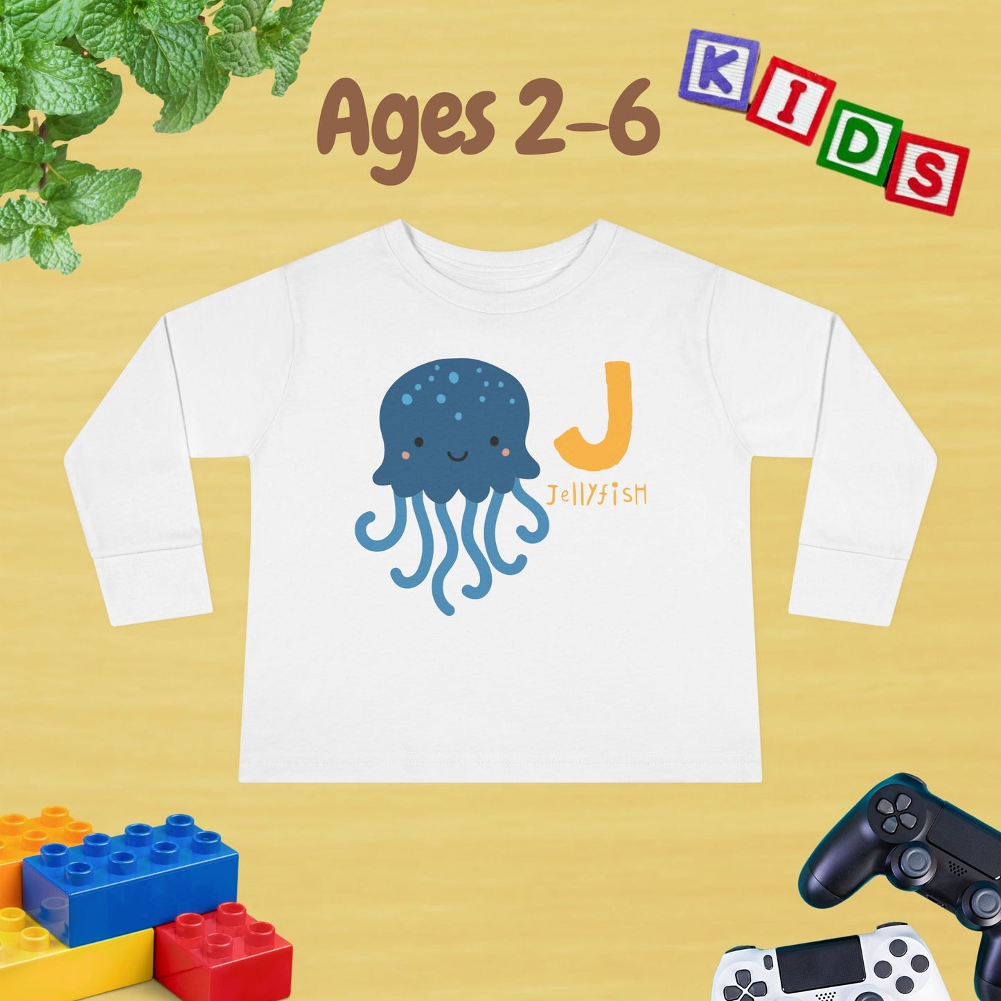 Animal Alphabet J for Jellyfish Unisex Kids Sweater Toddler Long Sleeve Tee Ages 2-6 - 100% Cotton Spring and Fall Kids Sweatshirt