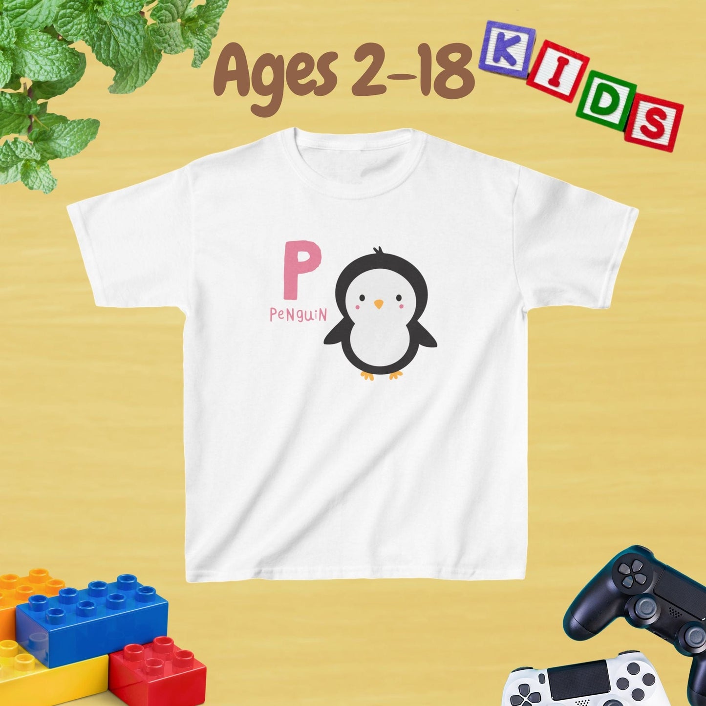 Animal Alphabet - P for Penguin Unisex Kids Tee - Fun Educational Graphic Tee for Kids Age 2-18