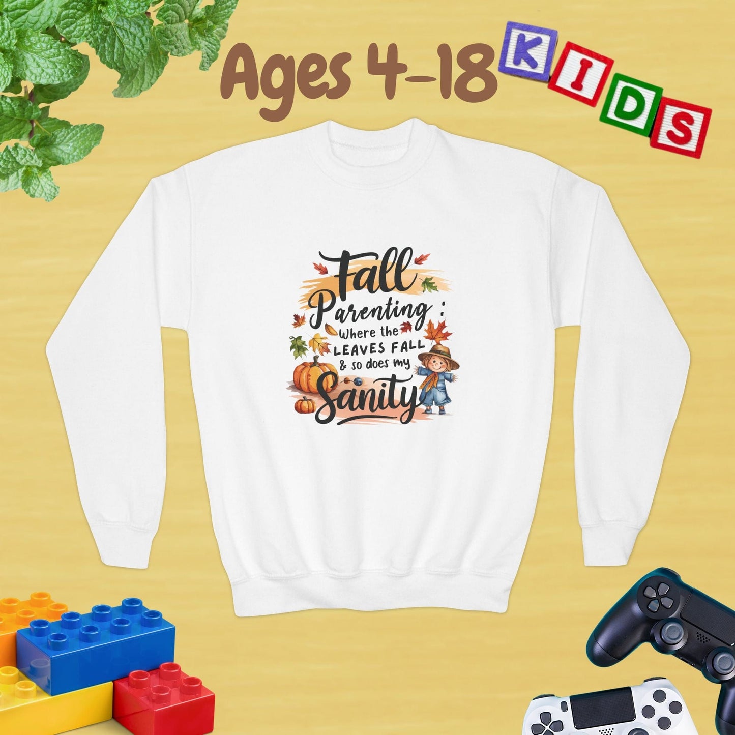 Fall Parenting: Where the Leaves Fall and So Does My Sanity Unisex Ages 4-18 Kids & Teens Sweatshirt - Cozy Fall and Winter Youth Sweatshirt