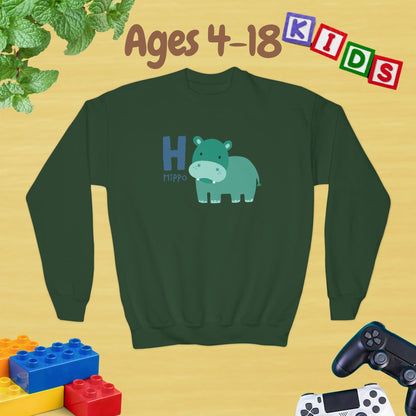 Animal Alphabet - H for Hippo Ages 4-18 Unisex Kids and Teens Sweatshirt - Cozy Fall and Winter Youth Sweatshirt