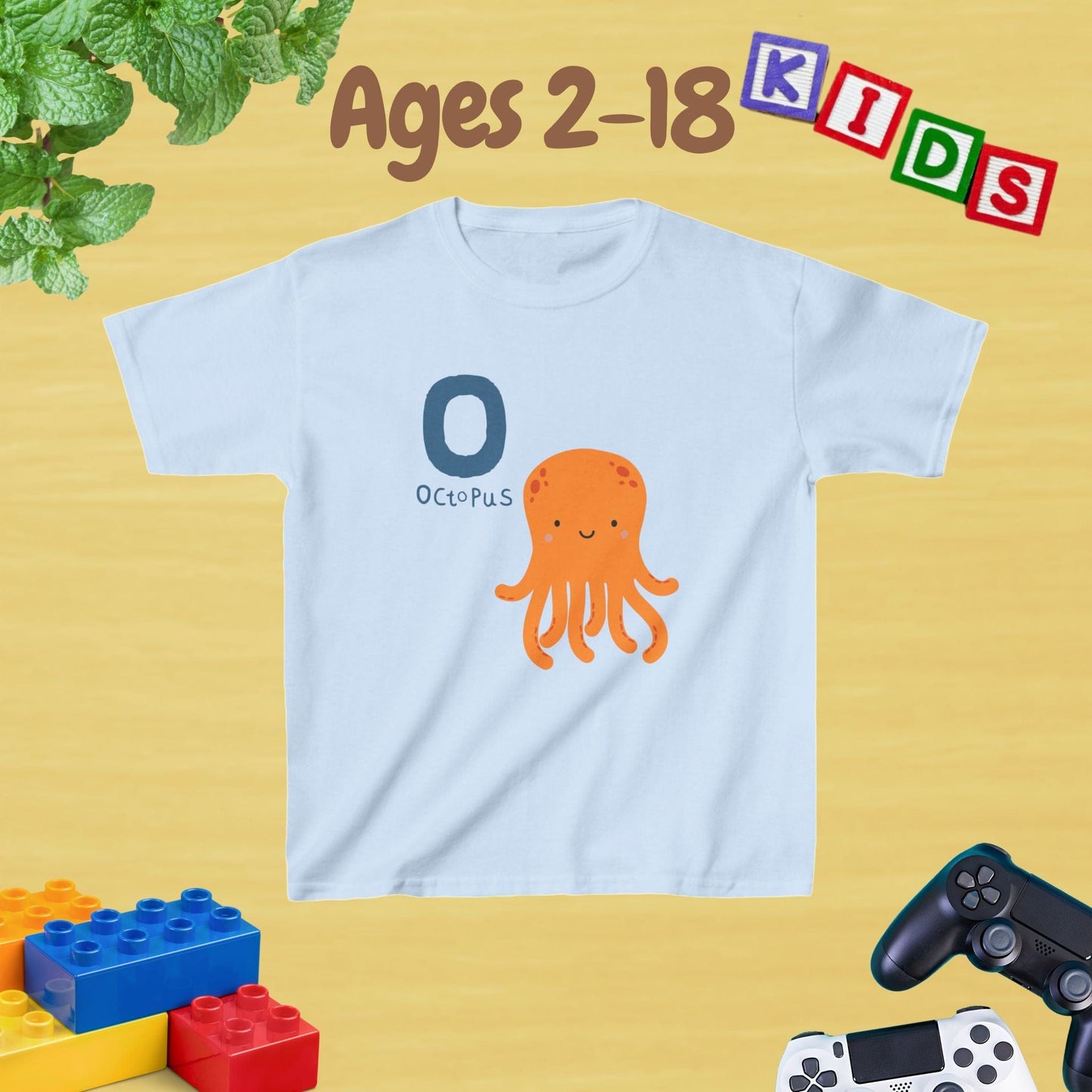 Animal Alphabet - O for Octopus Unisex Kids Tee - Fun Educational Graphic Tee for Age 2-18 Kids