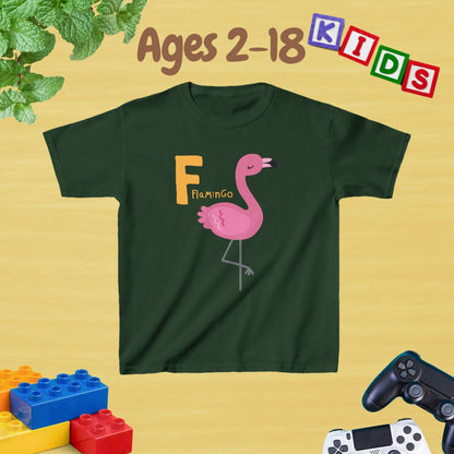 Animal Alphabet - F for Flamingo Unisex Kids Tee - Graphic Alphabet Tee for Kids Age 2-18