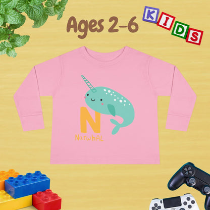 Animal Alphabet N for Narwhal Unisex Kids Sweater Toddler Long Sleeve Tee Ages 2-6 - 100% Cotton Spring and Fall Kids Sweatshirt