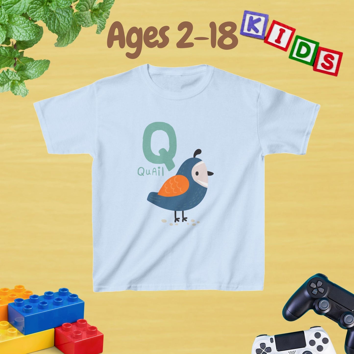 Animal Alphabet - Q for Quail Unisex Kids Tee - Fun Educational Graphic Tee for Kids Age 2-18