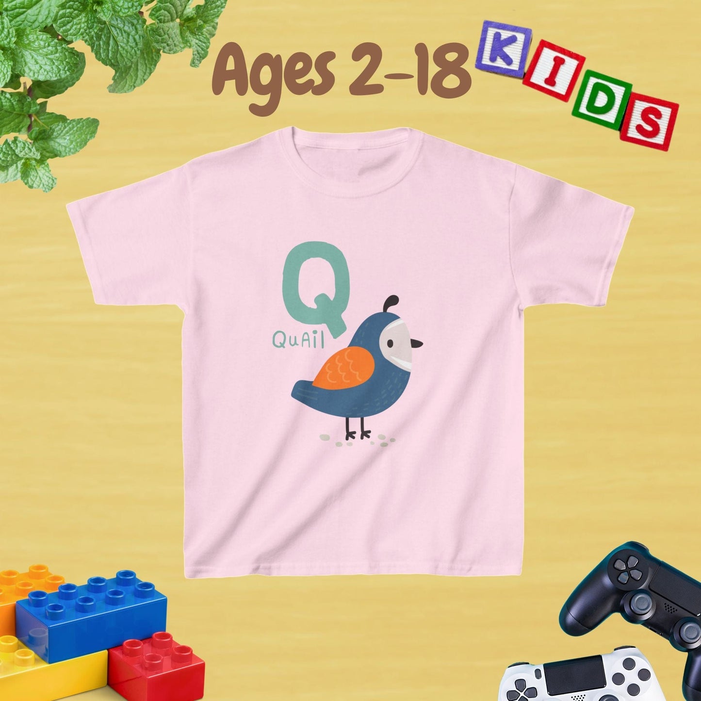 Animal Alphabet - Q for Quail Unisex Kids Tee - Fun Educational Graphic Tee for Kids Age 2-18