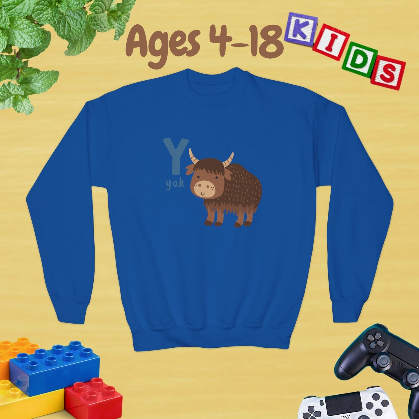 Animal Alphabet Y for Yak Ages 4-18 Unisex Kids and Teens Sweatshirt - Cozy Fall and Winter Youth Sweatshirt