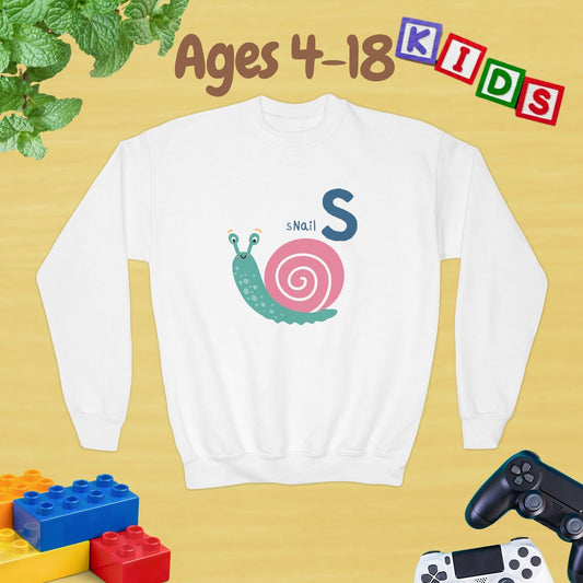 Animal Alphabet S for Snail Ages 4-18 Unisex Kids and Teens Sweatshirt - Cozy Fall and Winter Youth Sweatshirt