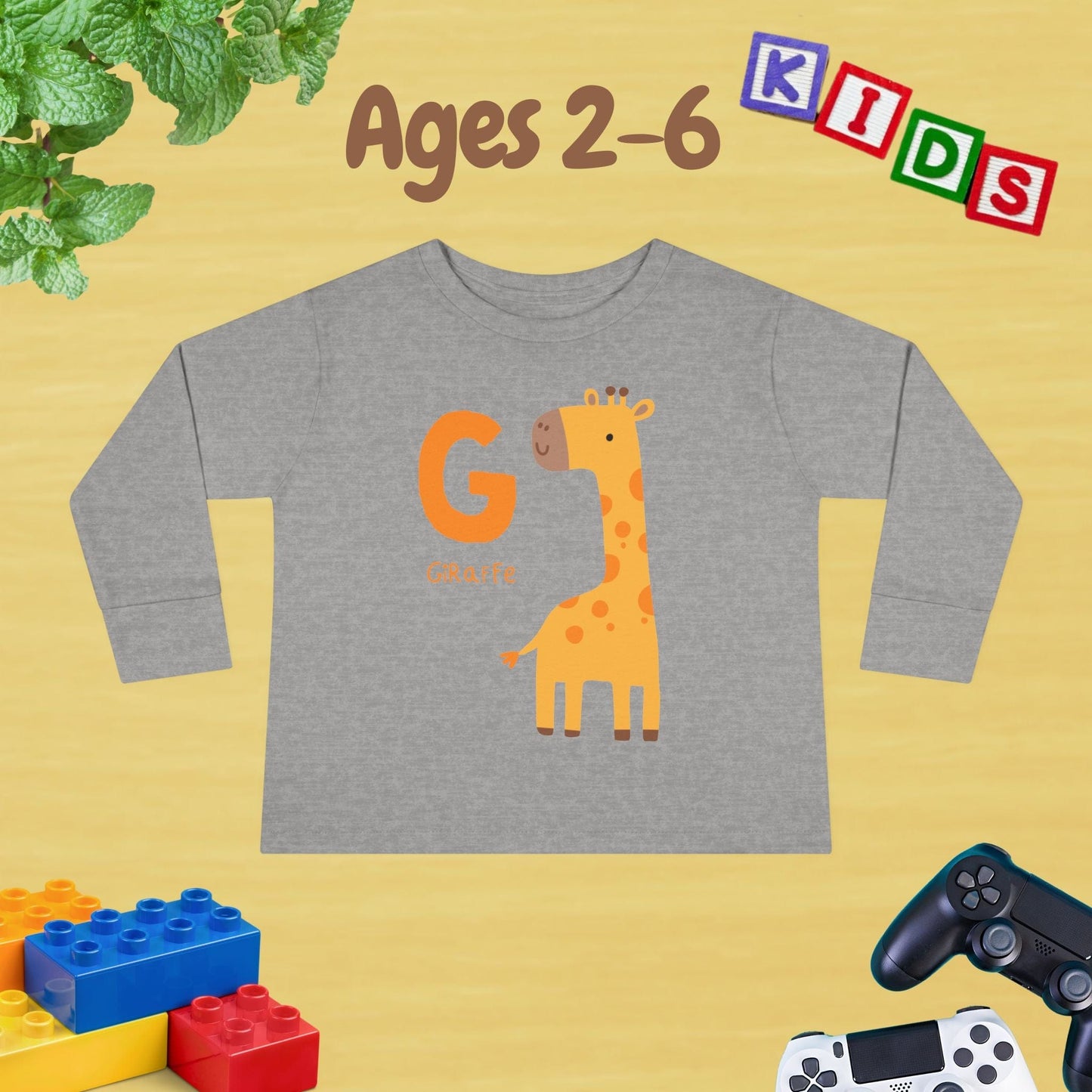 Animal Alphabet G for Giraffe Unisex Kids Sweater Toddler Long Sleeve Tee Ages 2-6 - 100% Cotton Spring and Fall Kids Sweatshirt