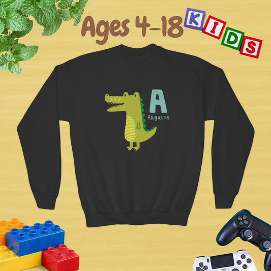 Animal Alphabet - A for Alligator Ages 4-18 Unisex Kids and Teens Sweatshirt - Cozy Fall and Winter Youth Sweatshirt