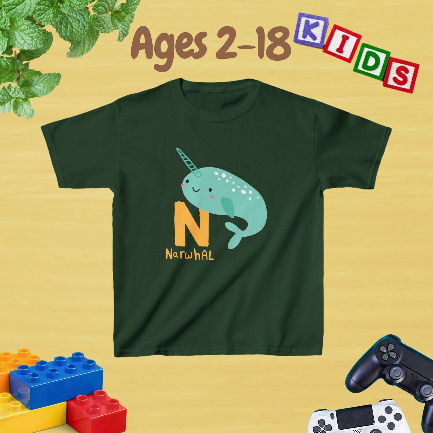 Animal Alphabet - N for Narwhal Unisex Kids Tee - Fun Educational Graphic Tee for Kids