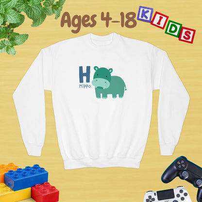 Animal Alphabet - H for Hippo Ages 4-18 Unisex Kids and Teens Sweatshirt - Cozy Fall and Winter Youth Sweatshirt