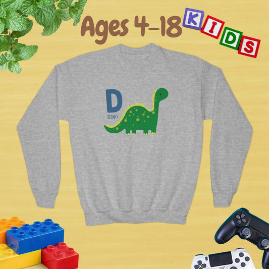 Animal Alphabet - D for Dino Ages 4-18 Unisex Kids and Teens Sweatshirt - Cozy Fall and Winter Youth Sweatshirt