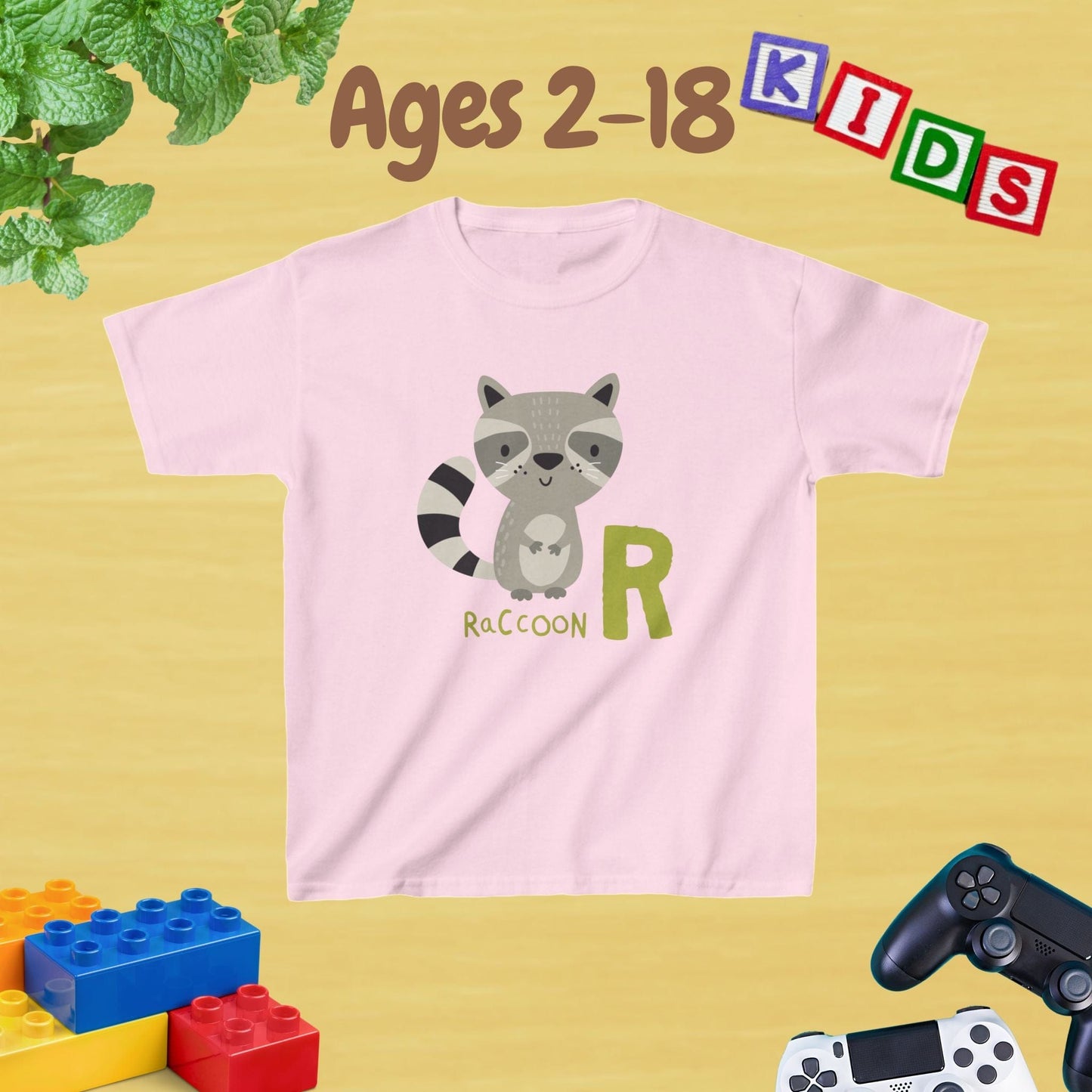 Animal Alphabet - R for Raccoon Unisex Kids Tee - Fun Educational Graphic Tee for Kids Age 2-18