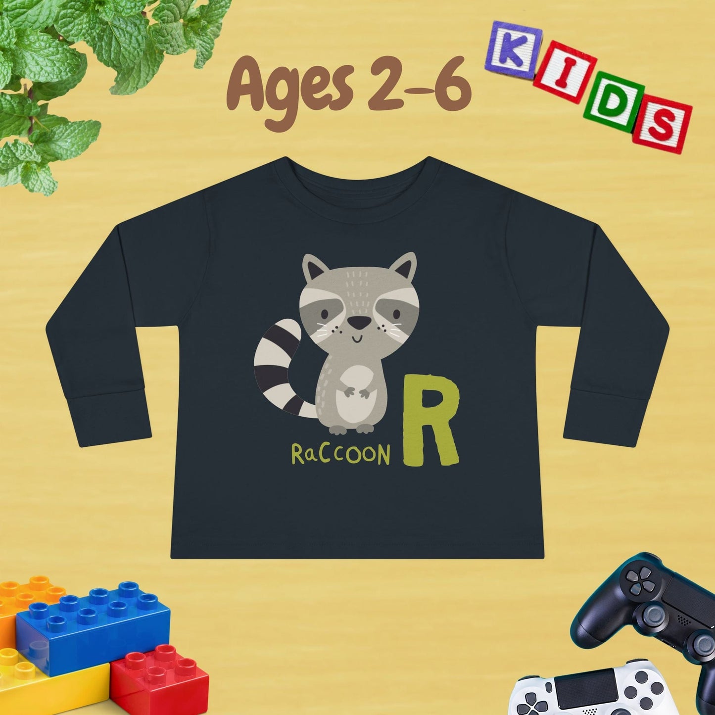 Animal Alphabet R for Raccoon Unisex Kids Sweater Toddler Long Sleeve Tee Ages 2-6 - 100% Cotton Spring and Fall Kids Sweatshirt