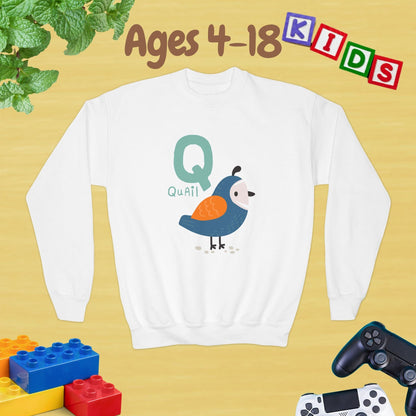 Animal Alphabet Q for Quail Ages 4-18 Unisex Kids and Teens Sweatshirt - Cozy Fall and Winter Youth Sweatshirt