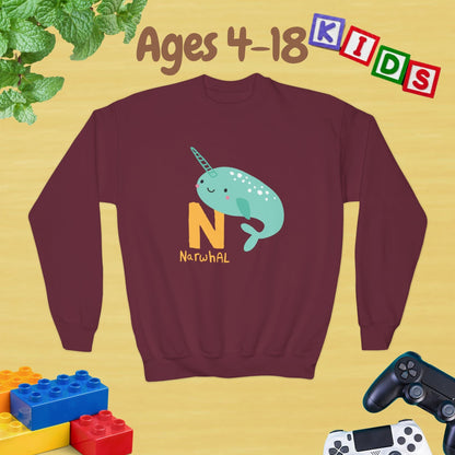 Animal Alphabet N for Narwhal Ages 4-18 Unisex Kids and Teens Sweatshirt - Cozy Fall and Winter Youth Sweatshirt